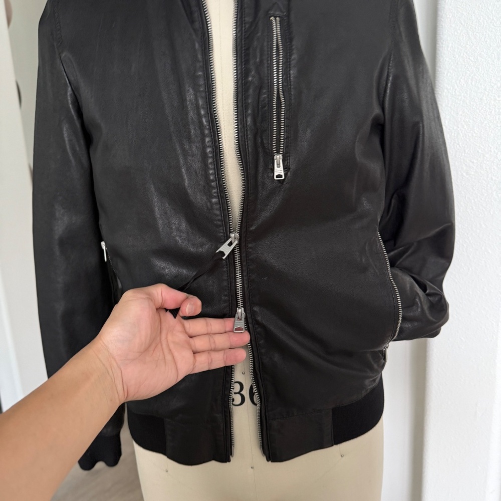 ALL SAINTS X- SMALL Mens Black Leather NINO Bomber Jacket - Picture 12 of 14